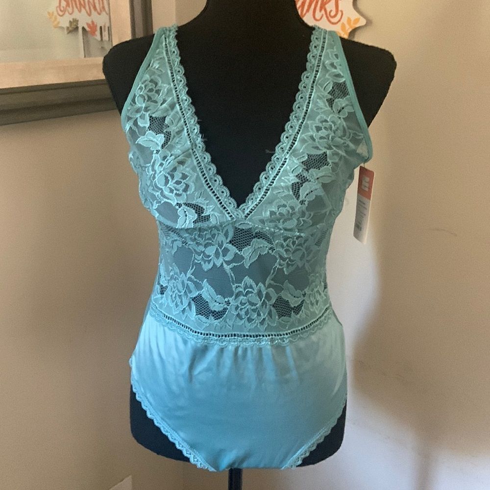 NWT soft floral lace teddy real lingerie for everybody in dusty turquoise size L
